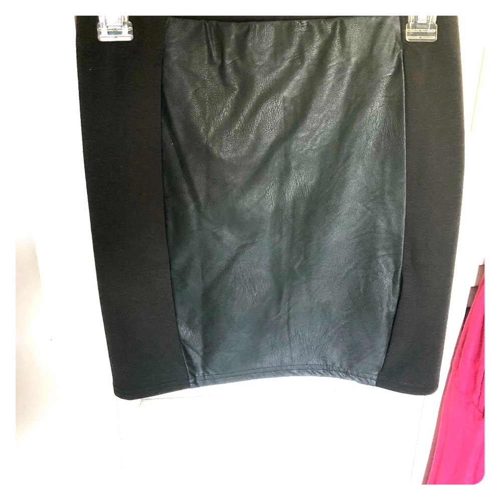 Olive mini pencil skirt with leather middle panel